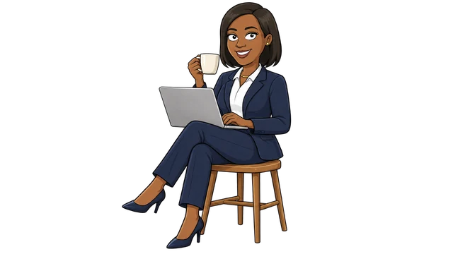 Alicia sitting on a stool with a laptop and a cup of coffee.