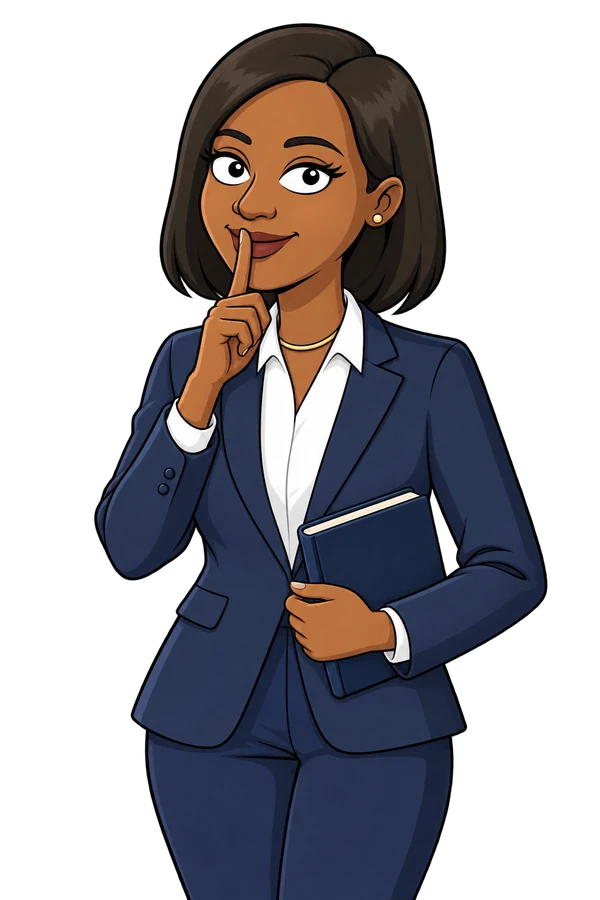 Alicia holding a playbook with a calm, friendly shh gesture.