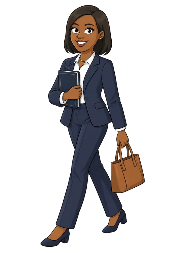 Alicia walking forward with the Playbook under her arm and a tote bag in her hand.